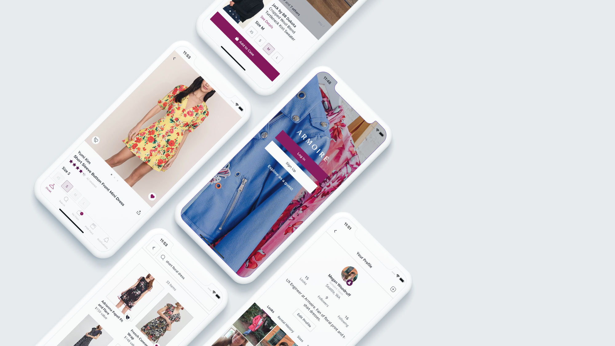 Mockups showing the welcome screen, product details, search results, and member feed in Armoire's mobile app.